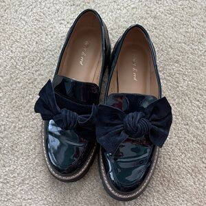 Navy Patent Leather Loafers with Bow